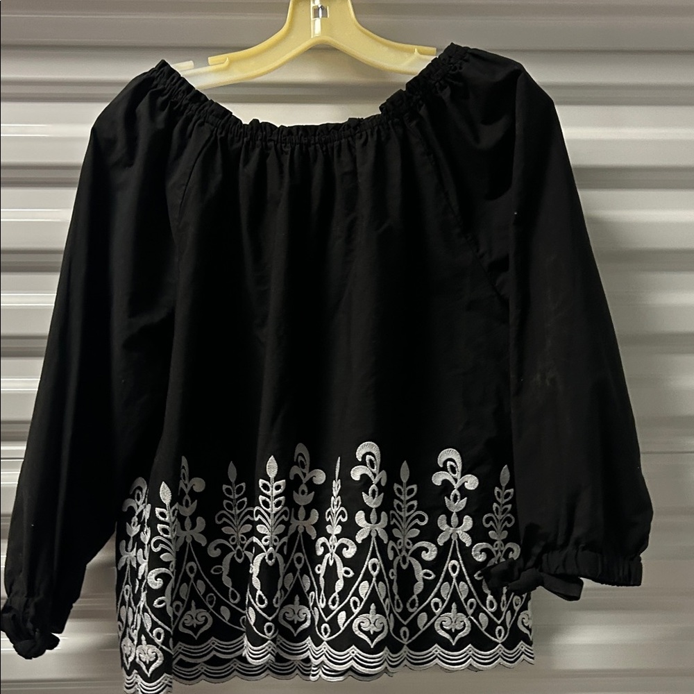 Time and Tru Black Blouse with White Embroidery